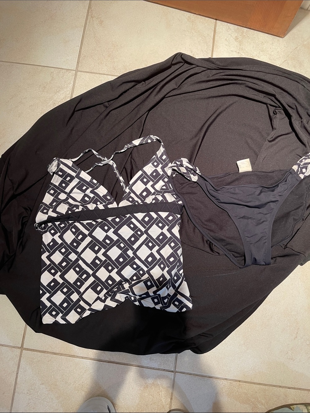 Black & White Geometric Tankini Top with Black Bikini Bottom